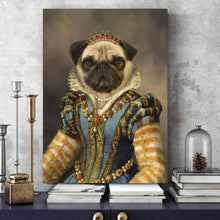 Load image into Gallery viewer, Portrait of a female dog with a human body dressed in a golden royal dress with a crown stands on a blue table near books