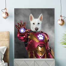 Load image into Gallery viewer, Portrait of a dog with a human body dressed in superhero clothes of an iron man stands on a white shelf near the bed