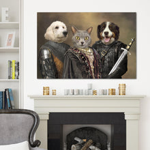 Load image into Gallery viewer, Portrait of two dogs and a cat with human bodies dressed in historical regal attires hangs on a white wall near the fireplace and an armchair