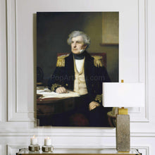Load image into Gallery viewer, A portrait of an elderly man with white hair dressed in historical royal clothes hangs on a white wall above two candles

