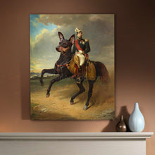 Load image into Gallery viewer, A portrait of a man dressed in historical royal clothes running on a huge dog hangs on a beige wall