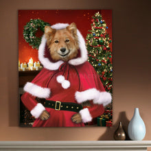 Load image into Gallery viewer, Portrait of a dog with a human body dressed in red clothes Mrs. Claus hangs on a beige wall near two vases