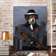 Load image into Gallery viewer, Portrait of a dog in a hat dressed in historical black attire with a weapon stands on the wooden floor near the books
