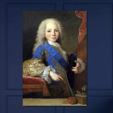 Load image into Gallery viewer, Portrait of a little girl with white hair dressed in historical royal attire hangs on a blue wall