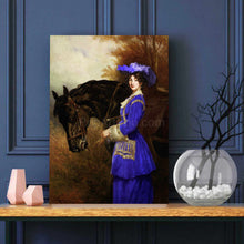Load image into Gallery viewer, Portrait of a woman standing next to a dark brown horse dressed in purple royal clothes stands on a wooden table