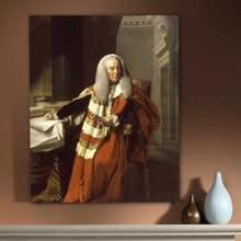 Load image into Gallery viewer, A portrait of a man with long white hair dressed in historical royal clothes hangs on the brown wall above a white table