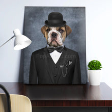 Load image into Gallery viewer, Portrait of a dog dressed in a black bowler hat stands on a wooden table near a white vase