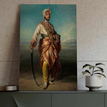 Load image into Gallery viewer, A portrait of a man dressed in historical royal clothes standing on the seashore stands on a green table