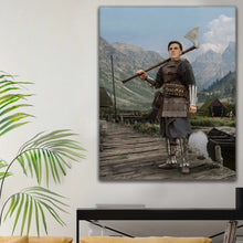 Load image into Gallery viewer, A portrait of a man dressed as a Viking holding a big axe hangs on a white wall