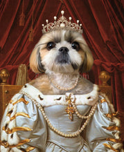 Load image into Gallery viewer, The portrait shows a female dog with a human body dressed in a white regal dress with a crown and a cross