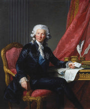 Load image into Gallery viewer, The portrait shows a man with long white hair sitting on a red chair dressed in renaissance regal attire
