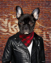 Load image into Gallery viewer, The portrait shows a dog dressed in bad boy clothes standing near a red brick wall