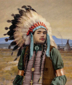 The portrait shows a man dressed in the historical clothes of an American Indian