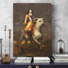 Load image into Gallery viewer, A portrait of a man dressed in regal attire running on a huge dog stands on a blue table next to the books