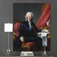 Load image into Gallery viewer, A portrait of a man with long white hair dressed in historical royal clothes hangs on the gray wall next to a lamp