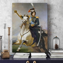 Load image into Gallery viewer, Portrait of a woman riding a horse dressed in green regal attire stands on a blue table next to books