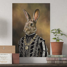 Load image into Gallery viewer, Portrait of a rabbit with a human body, dressed in historical costume, hangs on a white wall next to a flower in a pot and books
