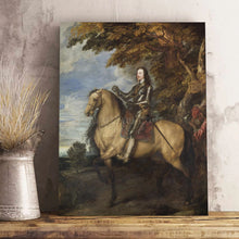 Load image into Gallery viewer, A portrait of a man sitting on a horse dressed in historical royal clothes stands on a wooden shelf