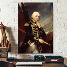 Load image into Gallery viewer, A portrait of a man with white hair dressed in historical royal clothes hangs on the white brick wall above the desk
