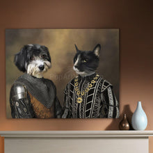 Load image into Gallery viewer, Portrait of a couple of dog and cat with human bodies dressed in black royal clothes hanging on a beige wall near two vases