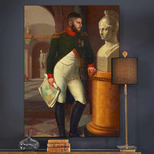 Load image into Gallery viewer, A portrait of a man dressed in historical royal clothes standing near the statue hangs on the blue wall