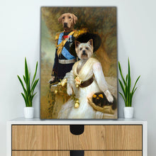 Load image into Gallery viewer, Portrait of a pair of two dogs with human bodies dressed in regal historical clothes stands on a wooden white table