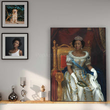Load image into Gallery viewer, Portrait of an elderly woman dressed in regal attire stands on a wooden table next to a candle
