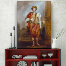 Load image into Gallery viewer, A portrait of a man dressed in renaissance regal attire stands on a red table next to the clock
