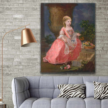 Load image into Gallery viewer, Portrait of a little girl dressed in a pink royal dress hanging on a gray brick wall above the sofa