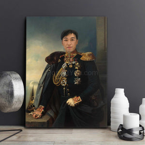 On a dark background, there is a portrait of a man dressed in a historical costume of a general-diplomat