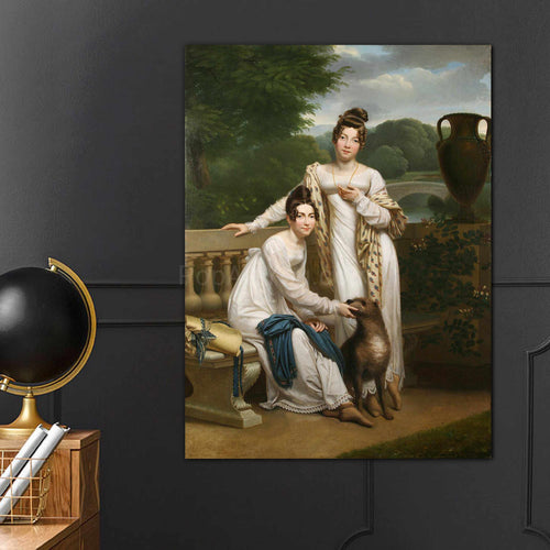 Portrait of two women dressed in royal clothes sitting next to a dog hanging on a dark wall
