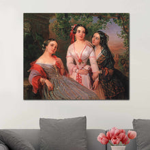 Load image into Gallery viewer, Portrait of three women dressed in royal clothes hanging on a white wall over a gray sofa