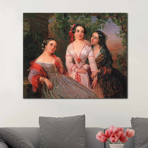 Portrait of three women dressed in royal clothes hanging on a white wall over a gray sofa