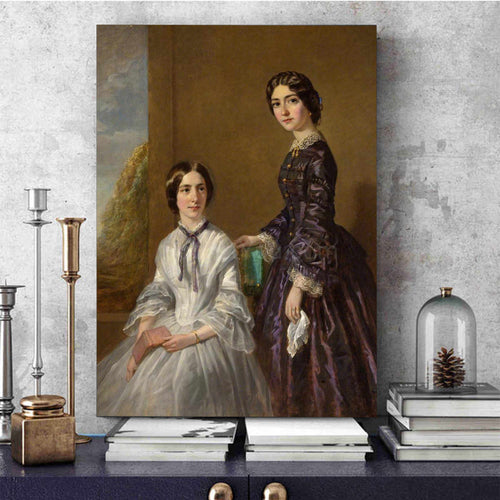 Portrait of two women dressed in historical royal dresses stands on a blue table next to books