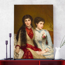 Load image into Gallery viewer, Portrait of two women dressed in historical regal attire stands on a red table next to a vase