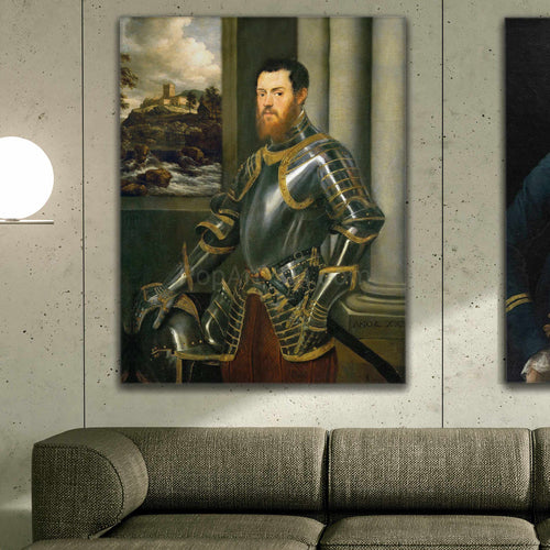 A portrait of a man dressed in historical royal clothes hangs on a gray wall above a gray sofa