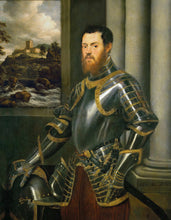 Load image into Gallery viewer, The portrait shows a man standing near the painting dressed in renaissance regal attire
