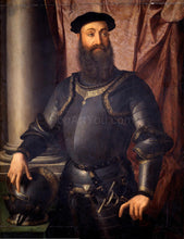 Load image into Gallery viewer, The portrait shows a man dressed in renaissance regal attire with armor holding a helmet in his hand
