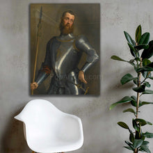 Load image into Gallery viewer, A portrait of a man dressed in a Gentleman's suit hangs on the gray wall above a white chair