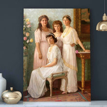 Load image into Gallery viewer, Portrait of four women dressed in white regal attires stands on a white table next to a golden vase