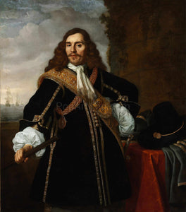 The portrait shows a man with long hair standing near a red table dressed in renaissance regal attire