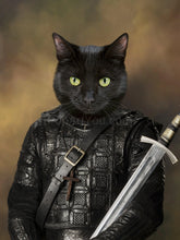 Load image into Gallery viewer, Painting of a black cat in the costume of medieval warrior with a sword