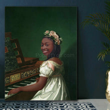 Load image into Gallery viewer, Portrait of a girl dressed in a green royal dress playing the piano stands on a gray table