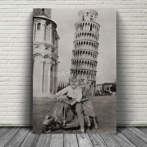 Scooter and the leaning tower of Pisa retro pet portrait