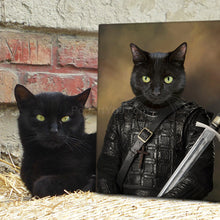 Load image into Gallery viewer, A black cat lies near a portrait of a black cat in a historical warrior costume