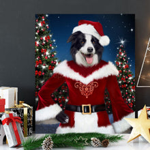 Load image into Gallery viewer, Canvas painting of a dog with a human body dressed in red attire Mrs. Claus stands on a white table next to gifts