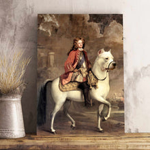 Load image into Gallery viewer, A portrait of a man dressed in historical royal clothes running on a huge dog stands on a wooden table