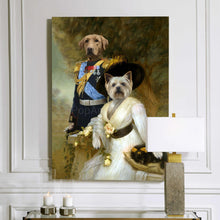 Load image into Gallery viewer, Portrait of a pair of two dogs with human bodies dressed in regal historical attires hangs on a white wall near two candles and a lamp