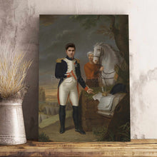 Load image into Gallery viewer, A portrait of a man dressed in historical royal clothes standing near a white horse stands on a wooden table