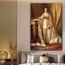 Load image into Gallery viewer, Portrait of a woman dressed in historical royal clothes hangs on the white wall above the bed